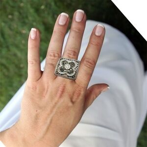 Silver tone square rhinestone mesh resizable ring